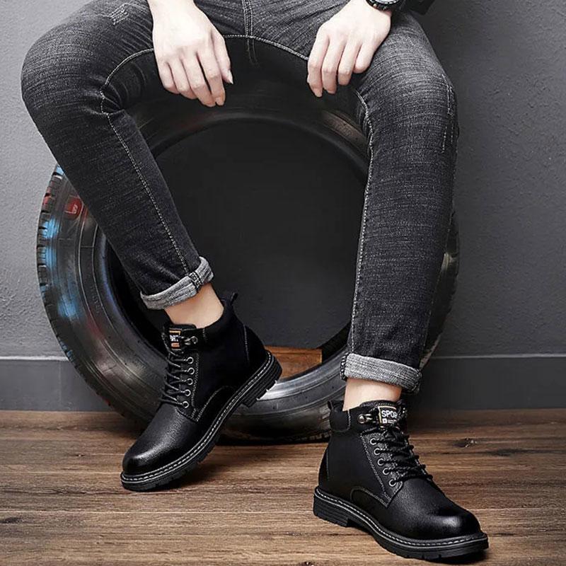 Martin Boots Men's High-top Autumn and Winter Short Boots Tooling Boots Black Plus Velvet Leather British Style Mid-top Boots Boyfriend Shoes