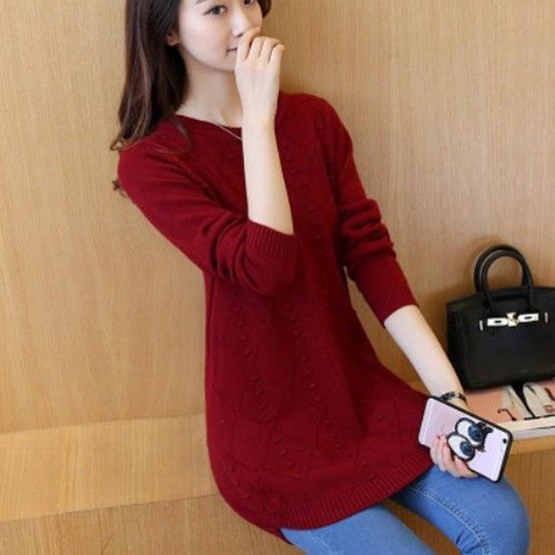 Autumn and Winter Knit Sweater Close-fitting Slim-fit Sweater Women Mid-length Loose Long-sleeved Bottoming Shirt Pullover Round Neck Thin Style