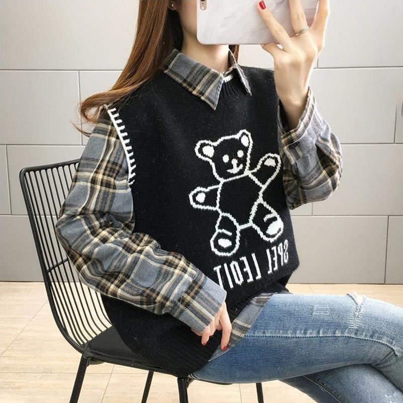 Bear Knitted Vest Jacket Women Autumn and Winter Loose Sweater Vest Shirt Suit Long-sleeved POLO Collar To Keep Warm and Comfortable