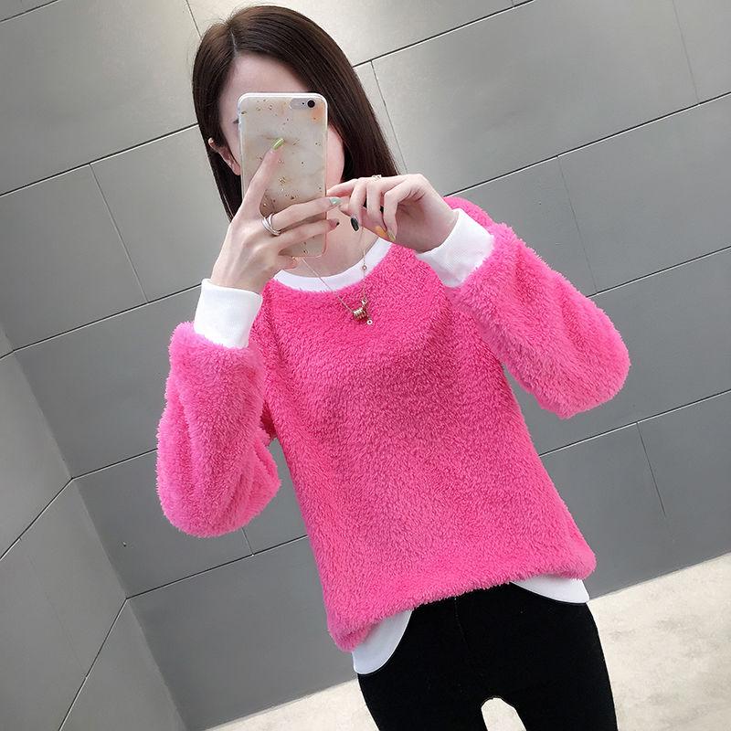 women's Winter Crew neck  yellow sweater warm long sleeve female velvet bottoming  loose Pullovers