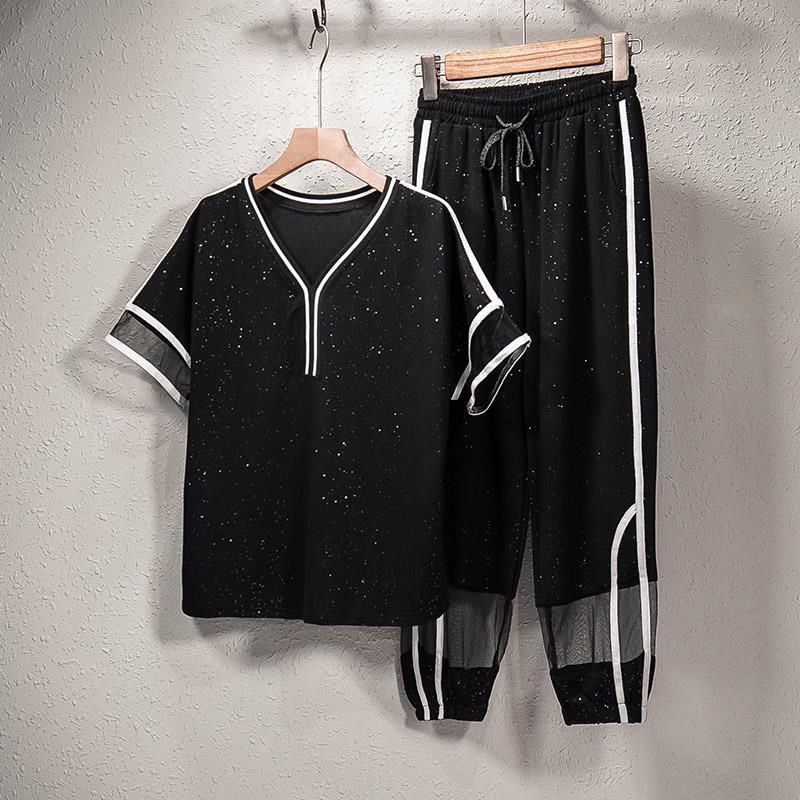 Two-piece Large Size Women's Casual Temperament Fan Loose and Thin Mesh Stitching Two-piece V-neck Short-sleeved Shirt + Elastic Waist Casual Pants