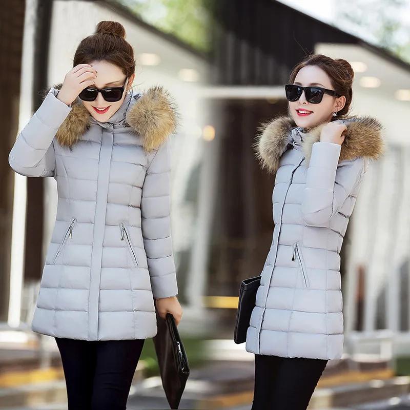 Slim Women Winter Jacket Cotton Padded Warm Thicken Ladies Coat Medium Long Down Coats Fur Collar Hooded Parka Mid-length Womens Jackets