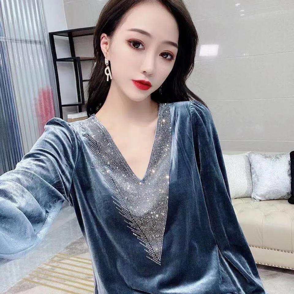 Spring Fall Women Sexy V-neck Gold Velvet top Elegant Blue Long Sleeve Wild Basic Shirts Vintage Casual Ladies Top Pullover