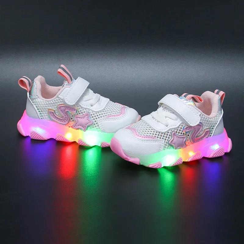 Summer Boys' Luminous Sneakers Children's Breathable Running Shoes Girls' Hollow Student Shoes