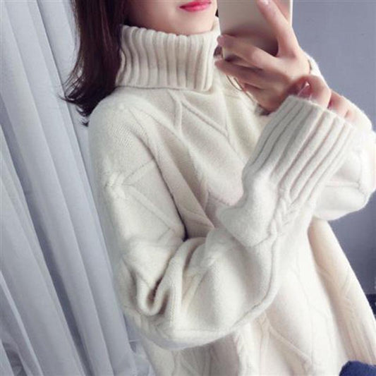 Cold-proof Warm Sweater Solid Color Turtleneck Sweater Women Plus Velvet Thick Autumn and Winter