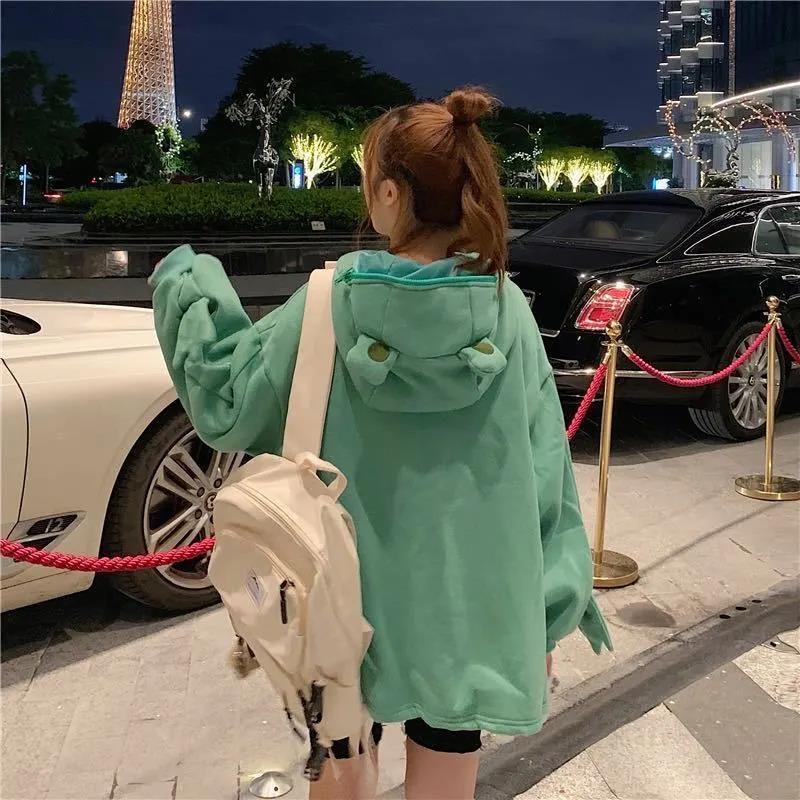 Autumn and Winter Cartoon Frog Head Hooded Sweater Female Design Sense Student Class Tops