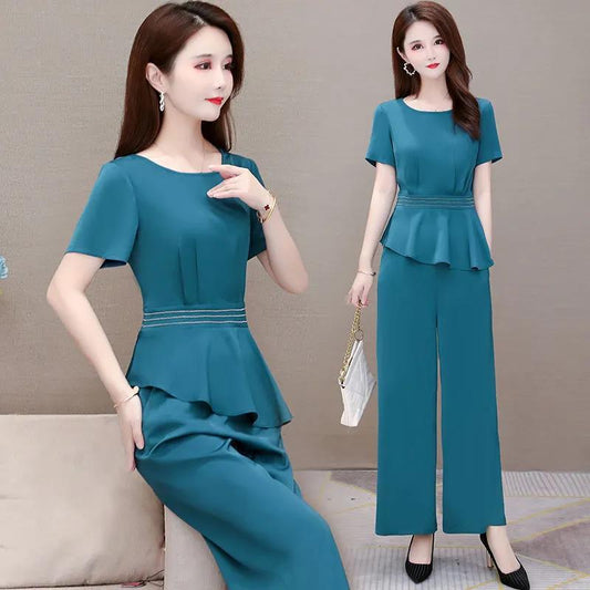 Simple Suit Loose Wide-leg Pants Round Neck Short-sleeved Shirt Two-piece Female Plus Size Slim Casual Women's Elegant Temperament