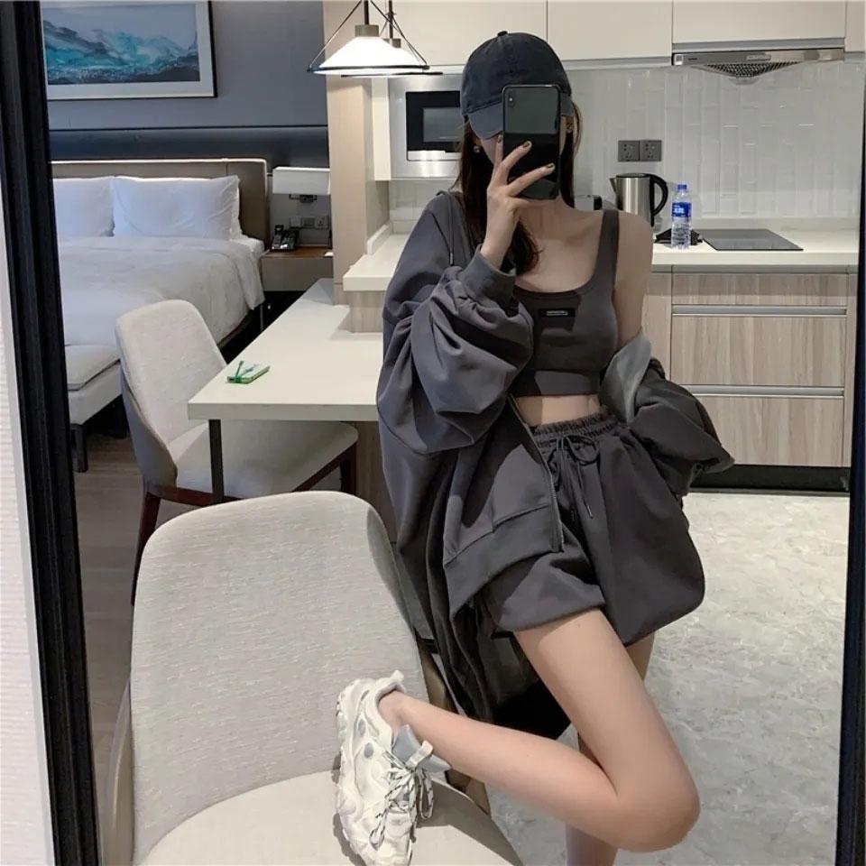 3PCS Ladies Casual Sports Suit Spring and Summer Cool Girl Loose Thin Sweater Zipper Cardigan + Vest + Wide Leg Shorts Three-piece Set Tracksuits