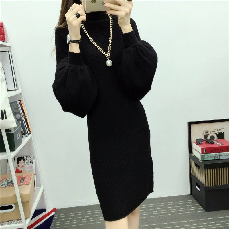 Autumn and Winter High Neck Pullover Lantern Sleeve Sweater Dress Slim  Long Knit Sweater