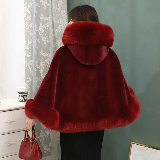 Women's Winter Faux Mink Fox Fur Shawl Mid-length Hooded Cloak Fur Coat Warm Plush Faux Fur Wrap Cloak Windproof Fur Coat Oversize Mantle Shawl