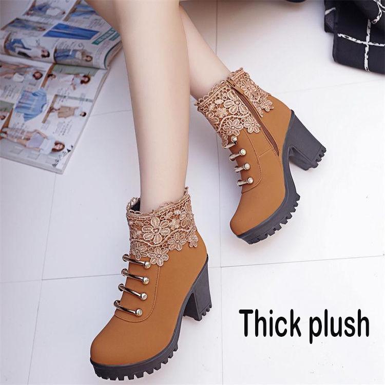 Women's Boots High-heeled Shoes Snow Boots Winter Fur Thick Ankle Boots  Plus Velvet Cotton Shoes