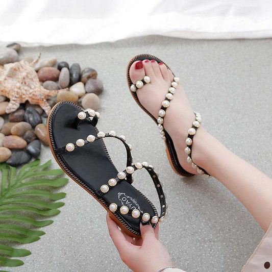 Pearl Sandals Female Summer Fairy Style Student Flat All-match Flip-flop Roman Sandals