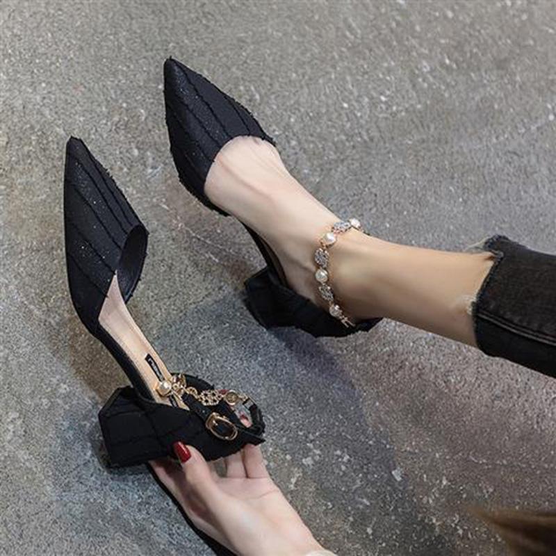 Thick Heel Pointed Toe with Single Shoes Women French High Heels Fairy Baotou Sandals Women's Mid-heel