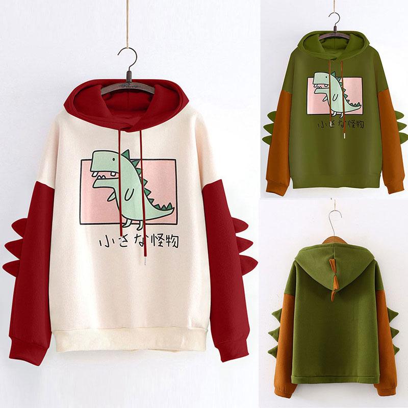 Dinosaur Oversized Cartoon Hoodie Women Sweatshirt Casual Print Korean Style Thicken Sweatshirt Winter Dino Hoodie Tops Cute Warm Sweater