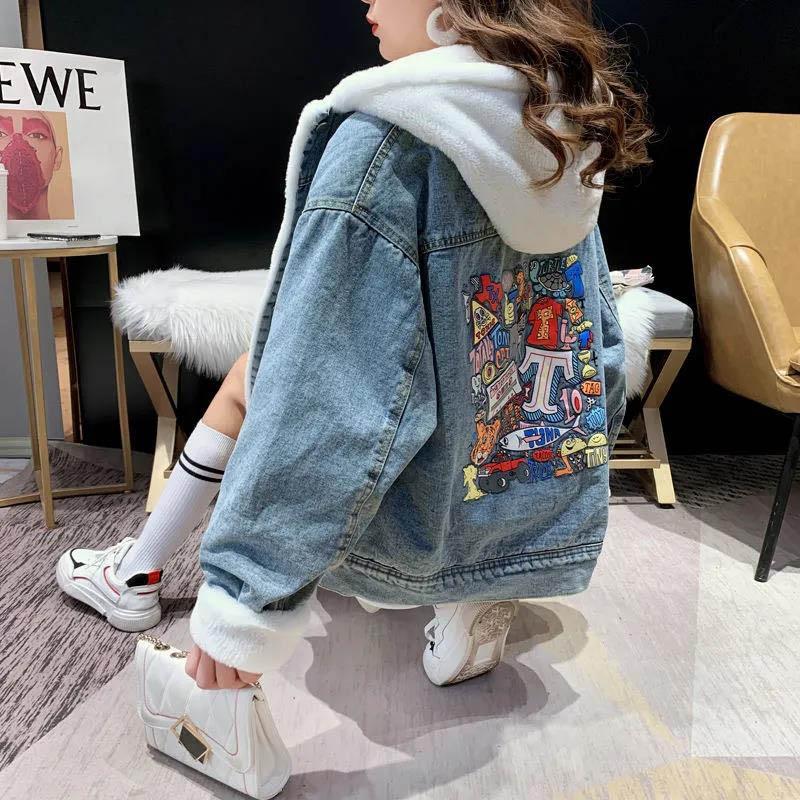 Denim and Lamb Velvet Stitching Jacket Women Plus Velvet Thick Loose Loose Style Autumn and Winter Cardigan All-match