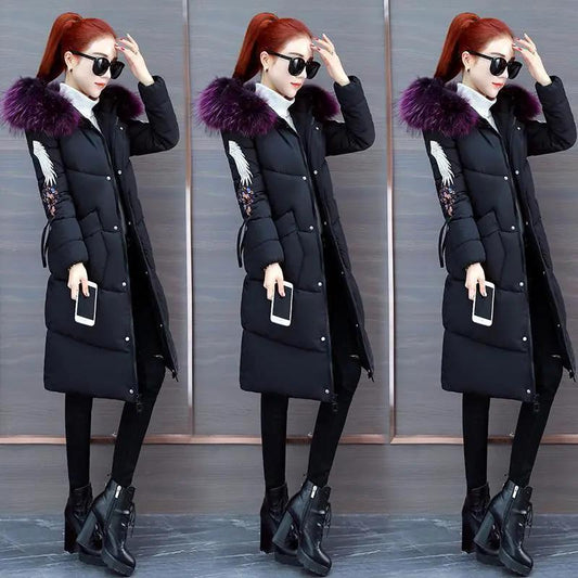 Ladies Down Jacket Winter Fashion Big Fur Collar Hooded Jacket Thick and Cotton Warm Mid-length Jacket