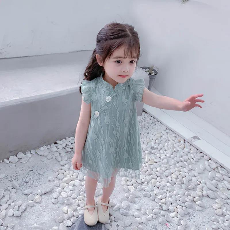 Girls Summer Sleeveless Dress Hanfu Princess Dress Guzheng Lace Skirt Chinese Style Baby Costume Sweet Dress