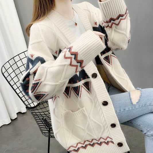 Sweater Cardigan Thickened Mid-length Spring and Autumn Loose Knit Lazy Style Jacket Women