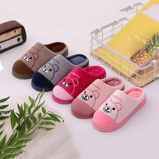 Women Warm Slippers Fall Winter Thick Fleece Cotton Slippers Cute Bear Embroidery Home Indoor Non Slip Men Slides Slippers