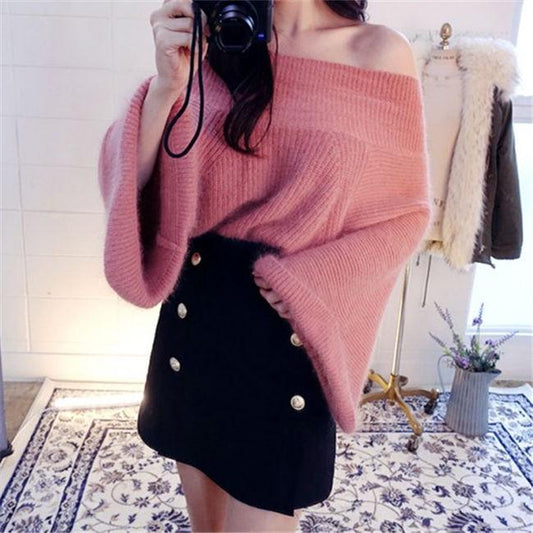 Autumn and Winter Sexy Off-the-shoulder Blouse Mink Fleece Pullover Sweater Loose Big Flared Bottoming Shirt