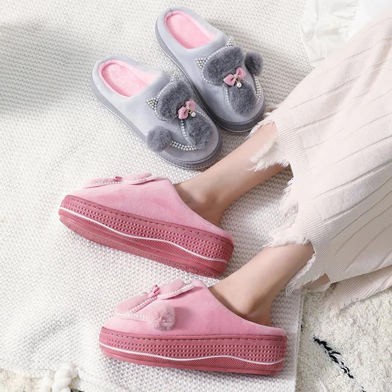 Winter Women's High-heeled Thick-soled Home Cotton Slippers Anti-slip Plush Slippers Confinement Shoes