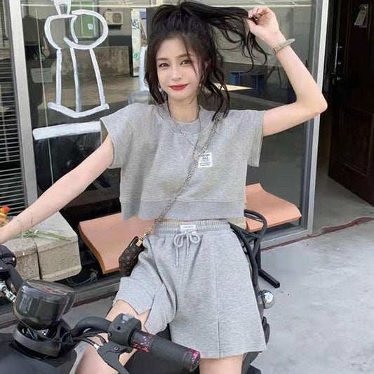 2PCS Women's Casual Sportswear Suit Korean Version Loose Short Sleeves + High Waist Wide Leg Shorts Two-piece Fitness Jogging Short Suit