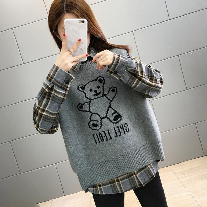 Bear Knitted Vest Jacket Women Autumn and Winter Loose Sweater Vest Shirt Suit Long-sleeved POLO Collar To Keep Warm and Comfortable