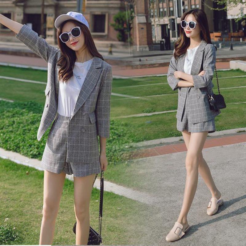 Casual Loose Suit Shorts Suit Women Spring and Autumn Casual Business Wear Plaid Jacket Two-piece Jacket + Shorts Fabric Soft Clearance Suit