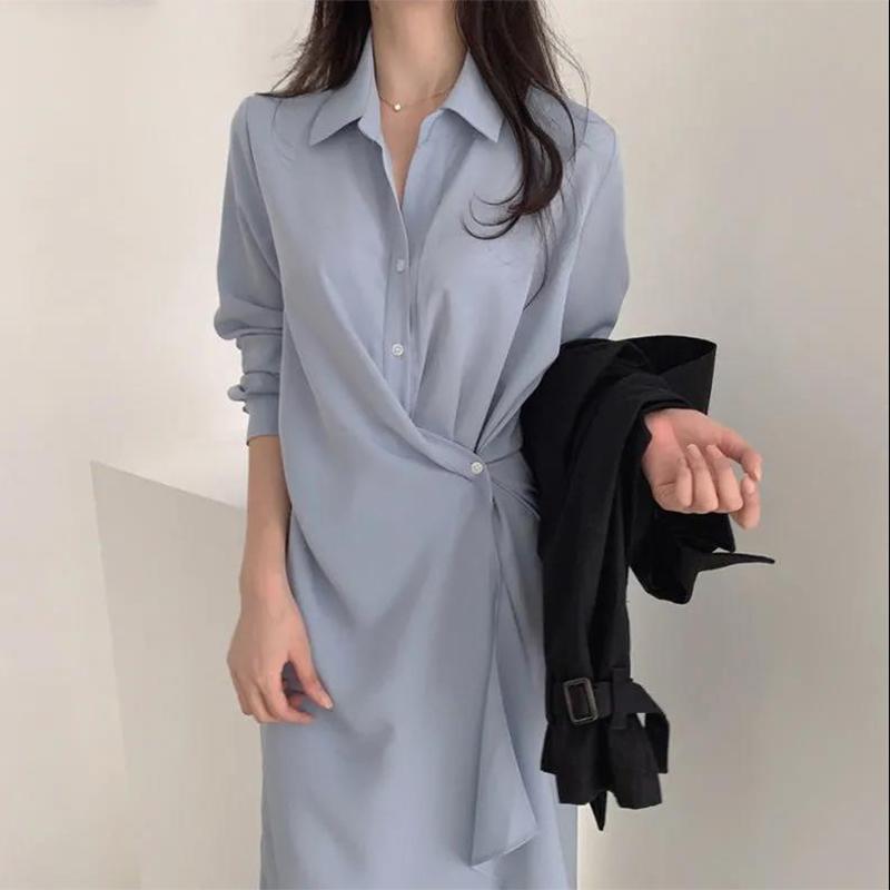 Irregular Design Shirt Dress Female Spring and Autumn Mid-length Temperament Waist Slim Slimming Dress