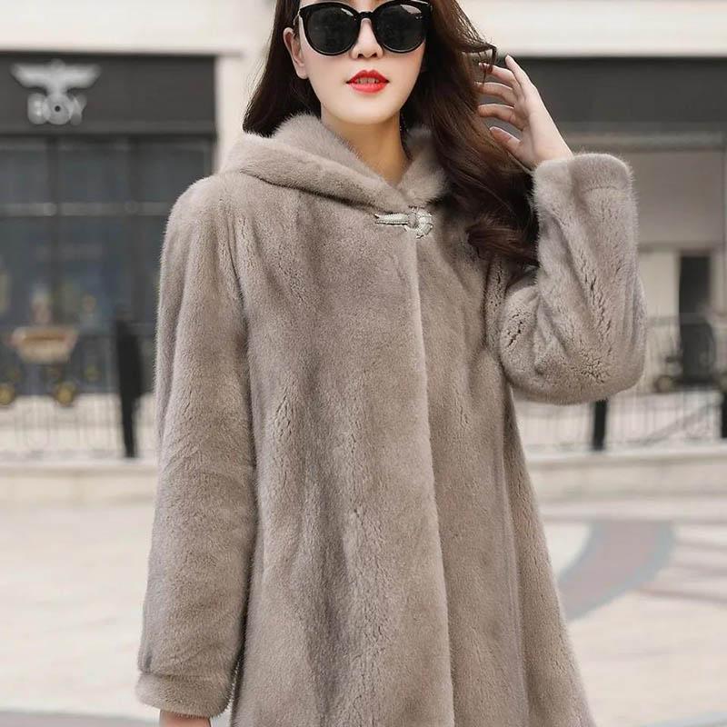 WTEMPO Winter Mink Fur Coat Female Imitation Mink Fur Coat Whole Mink Mid-length with Hood