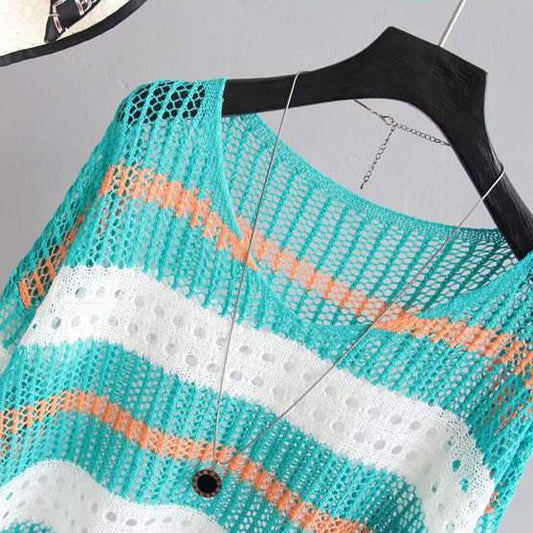 Women Spring and Summer Large Size Striped Knitwear Loose and Thin Pullover Sunscreen Hollow Out Blouse