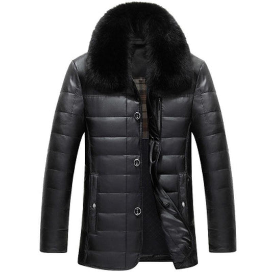 Men's Winter Leather Jackets, Mid-length Leather Down Jackets, Middle-aged and Elderly Warmth and Thick Coats