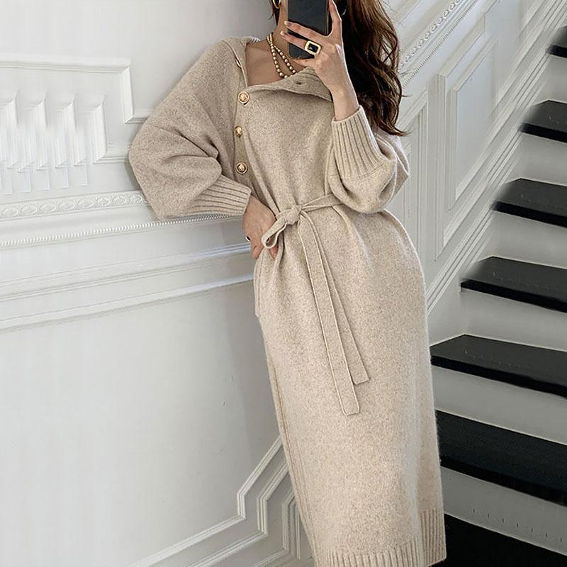 Dress Women's Turtleneck Diagonal Button Knit Dresses Long Korean Loose Sexy Plus Size Boho Sweater Dress Autumn and Winter