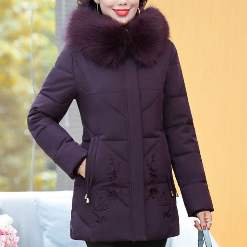 Winter Down Cotton Jacket Fashion Fur Collar Hooded Mid-length Jacket Thick Warm Cotton Jacket Suitable for Middle-aged Women