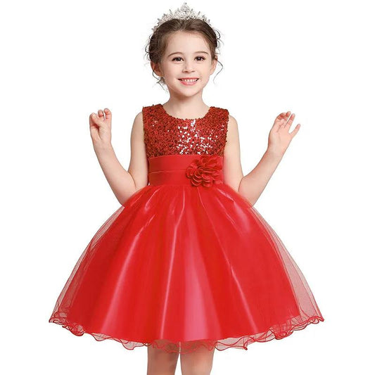 European and American Girls Fluffy Dress with Sequined Flower Long Skirt Princess Birthday Party Noble Dress