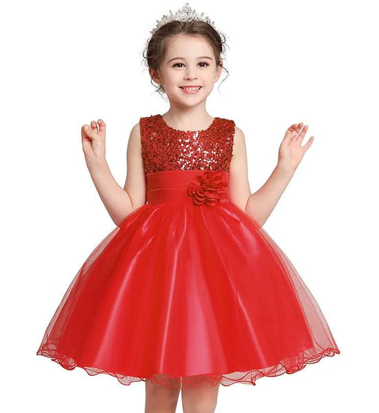 European and American Girls Fluffy Dress with Sequined Flower Long Skirt Princess Birthday Party Noble Dress