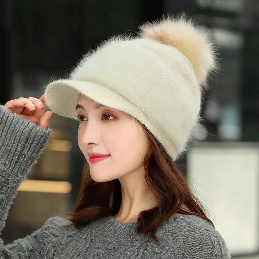 Rabbit Fur Hat Female Korean Fashion All-match Plus Velvet Thick Winter Warm Duck Tongue Wool Hat