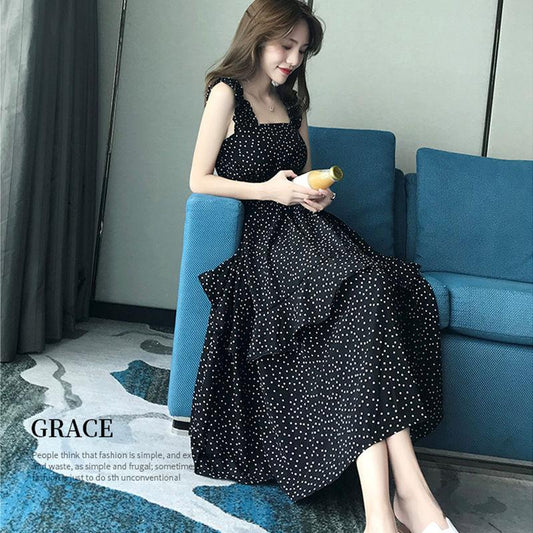 Women's Summer Korean Elegant Slim Mid Length Chiffon Wave Point Suspender Floral Dress