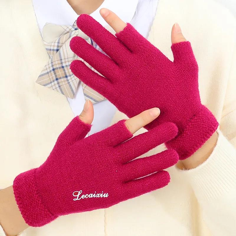 Women's Winter Touch Screen Gloves Warm Velvet Thick Half-finger Mittens Wool Non-slip Show Two-finger Office Driving Gloves Solid Knitting Gloves