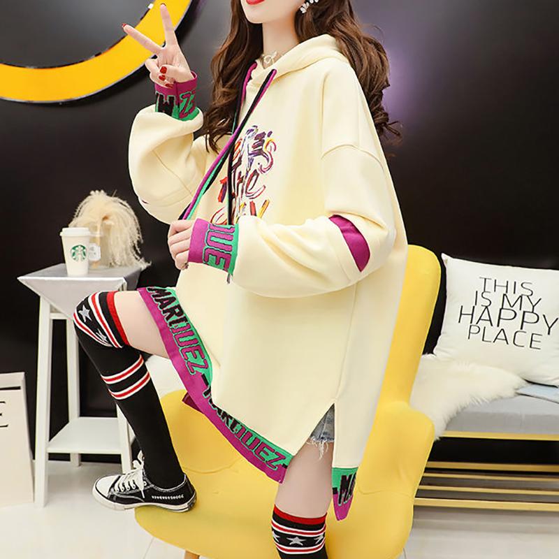 Middle Long Female Hooded Sweater Plus Velvet Thick Korean Coat Loose Wild Fashion Street Top