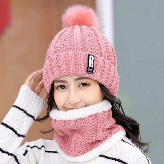 Women's Scarf Hat Set All-match Warm  Fur Ball Caps Autumn Winter Cycling Ladies Knitting Velvet Thick Padded Collars Facial Windproof Hats