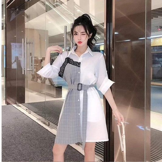 Turn-down Collar Party Shirt Dress Women Half Sleeve Lace Stitching Dress Plus Size Dress