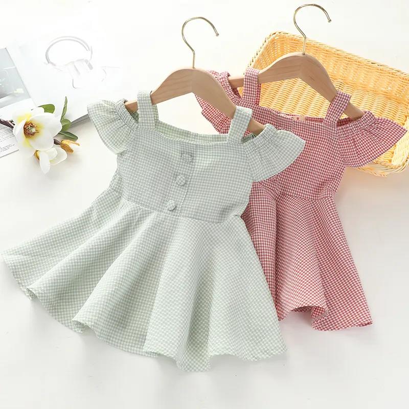 Girls Dress Solid Color Summer Children's Plaid Princess Skirt Baby Cute Skirt Suspenders Lotus Leaf Sleeve Princess Skirt A-line Skirt