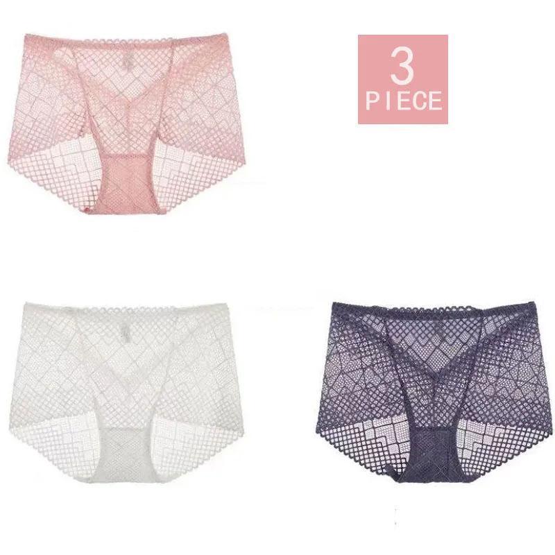 3-pack of Large Size Lace Sexy Panties Women's Ice Silk Transparent Seamless Underwear Antibacterial Cotton Crotch Briefs Hollow Out Panties