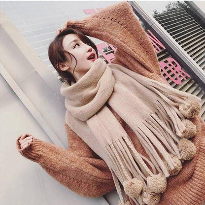 Women's Pashmina Shawls Winter Warm Wrap Cashmere Scarf Thick Fur Ball Tassel Scarf Women