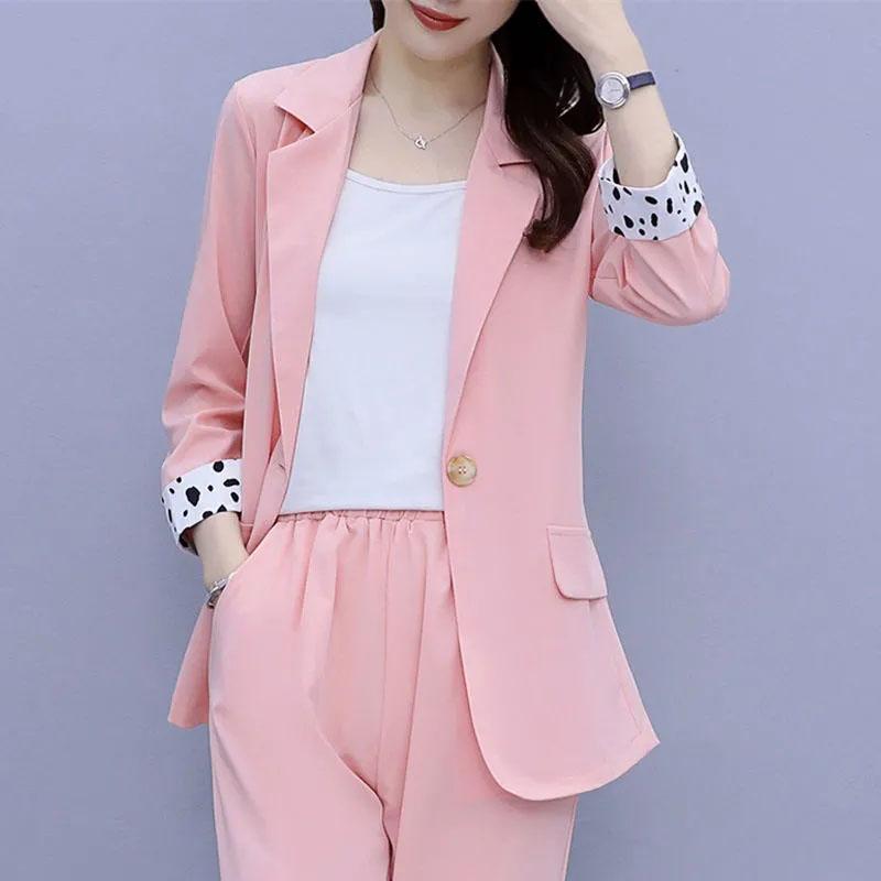 2PCS Women's Solid Color Suits Set Spring and Autumn Suit Thin Jacket + Loose Casual Pants Two-piece Large Size Fat Girl Slimming Suit