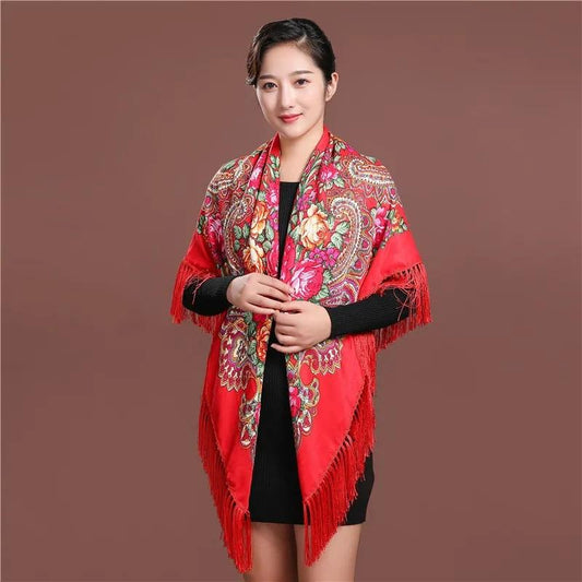 Women's Ethnic Style Square Scarf Printed Shawl Fringed Cotton Scarf Autumn Winter Warm Embroidered Shawl Multifunctional Turban Shawl Scarf 135x135cm