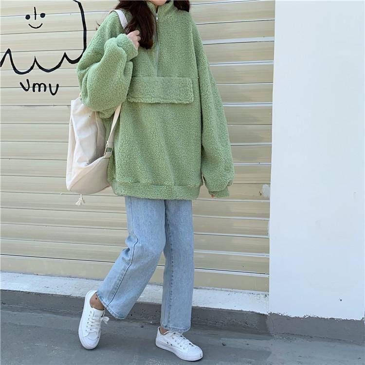 Half Zipper Stand-up Collar Padded Sweater Student Lazy Style Loose Coat Women