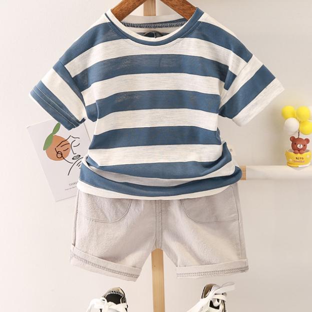 Summer Korean Short Sleeve Children's Suit Boys' and Girls' 0-4-year-old Round Neck Striped T-shirt Shorts Two-piece Children's Suit