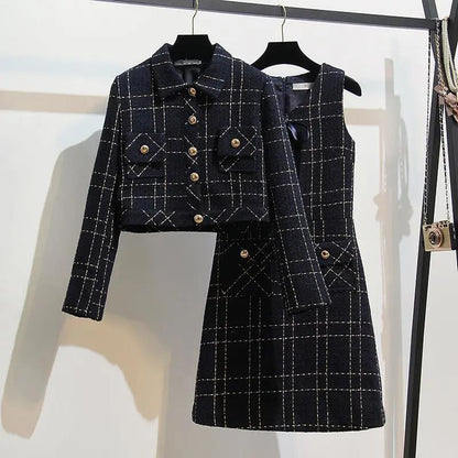 Fragrant Wind Jacket Skirt Suit Skirt Female Ladies Temperament Dress Two-piece Plaid Pattern Temperament Suit Elegant and Comfortable